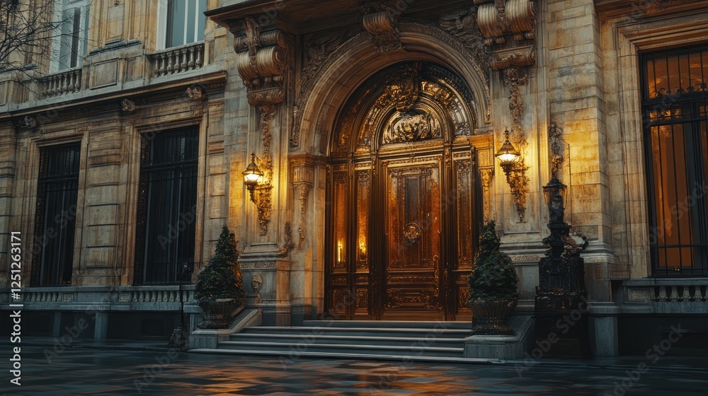 Fototapeta premium Elegant Parisian building entrance at dusk, wet pavement, luxury