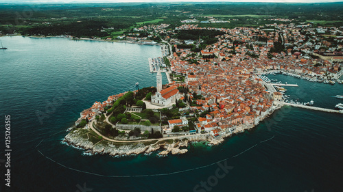 Aerial panorama of Croatian landmark, old town Rovinj and the cathedral of St. Euphemia, Istria, Croatia.