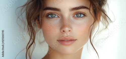 Close up portrait of a young woman showcasing natural beauty with stunning features and a serene expression, perfect for skincare or wellness themes.