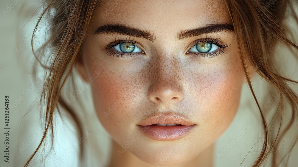 Close up portrait of a young woman with natural beauty, showcasing her flawless skin and delicate features. Close up portrait of a young woman with natural beauty, showcasing her flawless skin and delicate features.