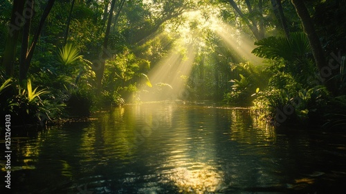 Sunbeams illuminate jungle river, misty rainforest background, travel brochure
