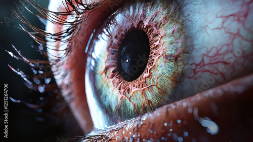 Close up image of human eye with blood stains on the surface and surrounding area