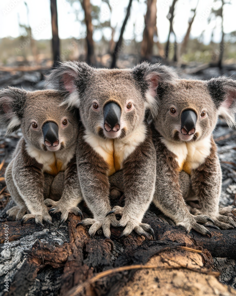 Naklejka premium Three koalas sit closely together in a burnt landscape, showcasing their fur and unique features against a backdrop of charred trees.