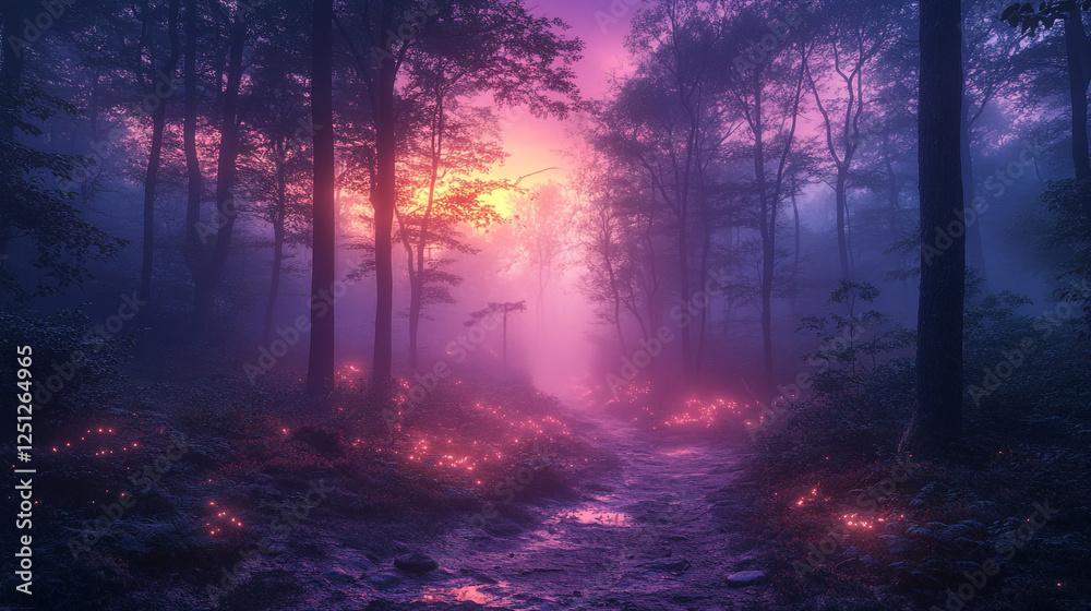 Sunset glow illuminating a mystical forest with soft lights and fog Sunset glow illuminating a mystical forest with soft lights and fog