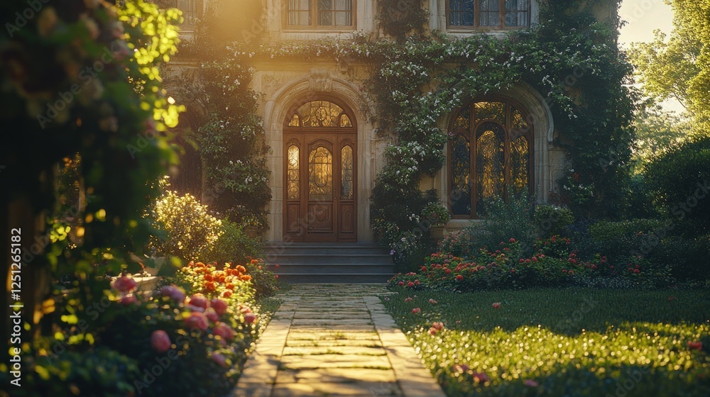 Fototapeta premium Sunlit mansion entrance, ivy, garden path, floral blooms, morning
