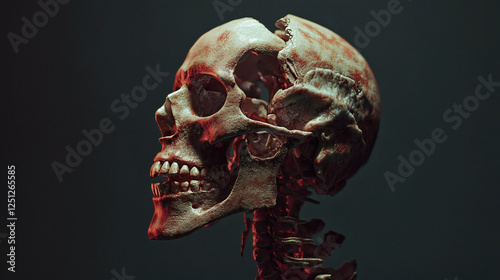 Skull with broken jaw and cracked structure on white background for educational purposes
