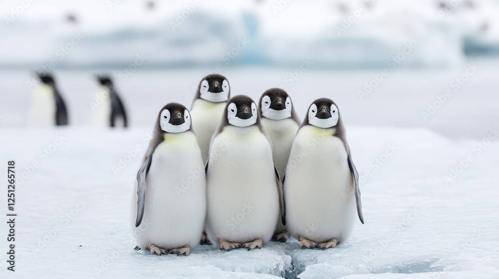 Fototapeta premium Five adorable penguin chicks huddle together on icy terrain, showcasing their fluffy feathers against a backdrop of snow and ice.