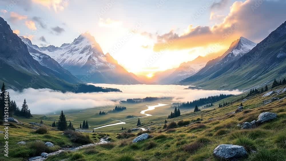 Capturing Mountain Sunrise with Golden Mist and Valley River Flowing Capturing Mountain Sunrise with Golden Mist and Valley River Flowing