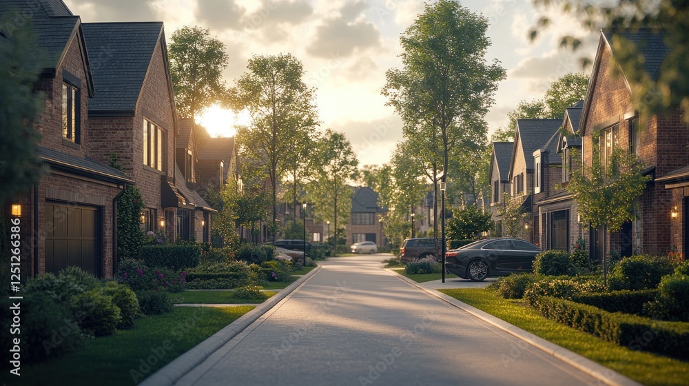 Suburban street sunset homes landscaping real estate advertisement Suburban street sunset homes landscaping real estate advertisement
