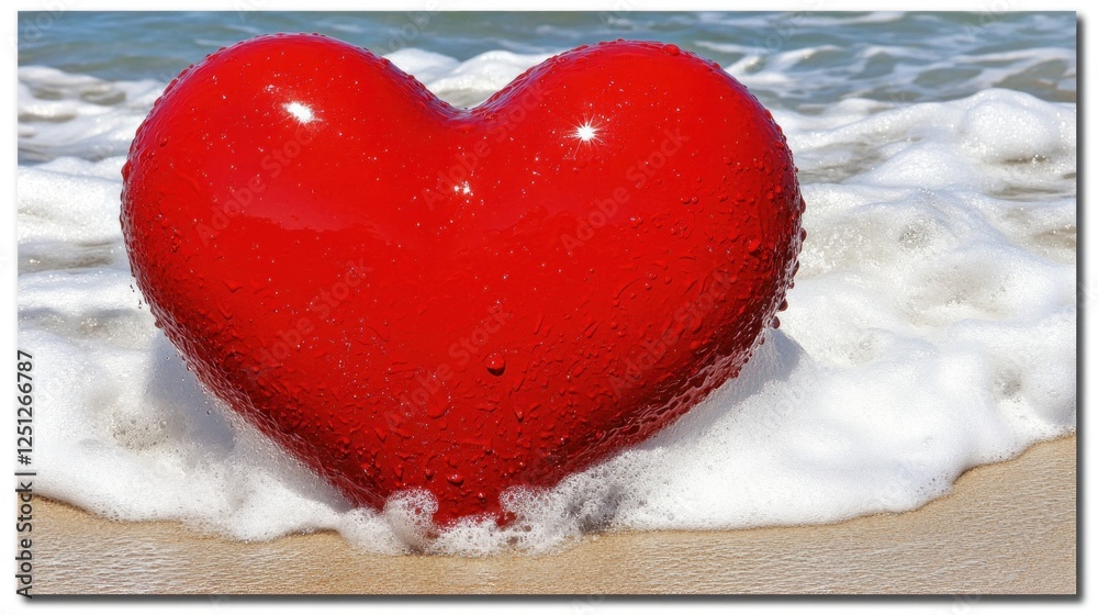 Red heart, ocean waves, beach, romantic, love, card Red heart, ocean waves, beach, romantic, love, card