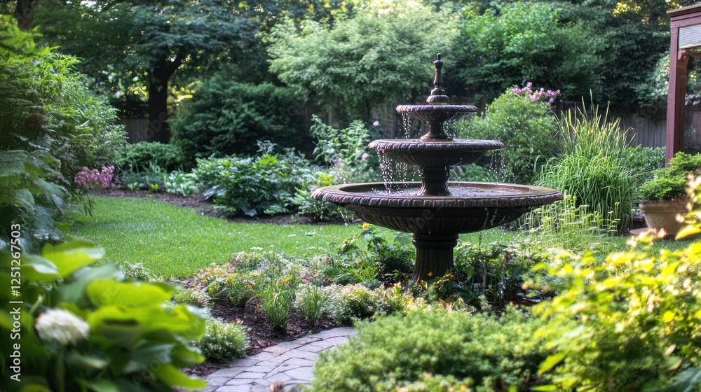 Serene Garden Oasis: A Tranquil Backyard Fountain Scene Serene Garden Oasis: A Tranquil Backyard Fountain Scene