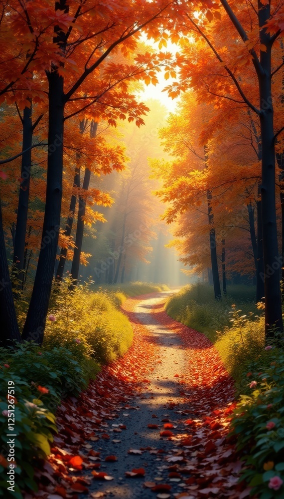 Fototapeta premium Sun-drenched path winds through a colorful autumn forest , red, rustic, wood