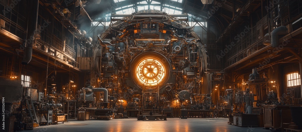 Obraz premium Glowing clockwork in industrial building; steampunk background