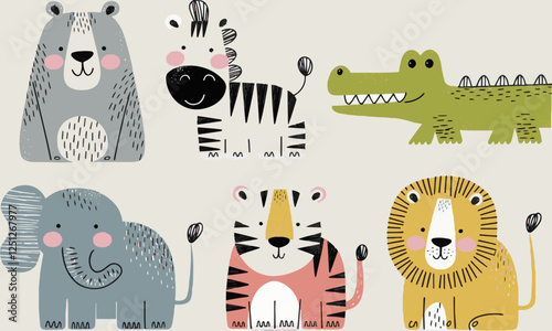 A modern vector illustration featuring six adorable stylized wild animals, easily editable.