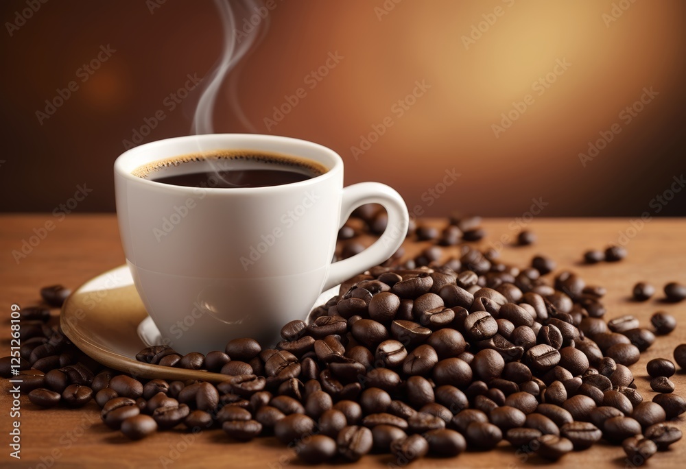 Close-up of a coffee cup with coffee beans on the table Close-up of a coffee cup with coffee beans on the table