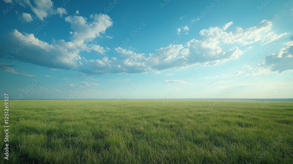 Serene green field under a bright blue sky with fluffy clouds, perfect for travel brochures Serene green field under a bright blue sky with fluffy clouds, perfect for travel brochures