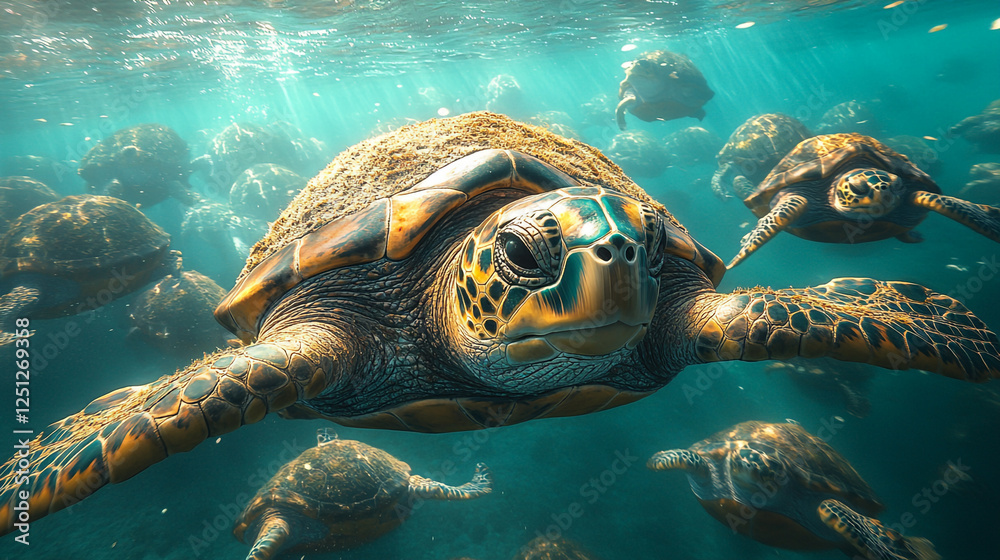 Obraz premium Majestic sea turtles swimming gracefully in clear ocean waters