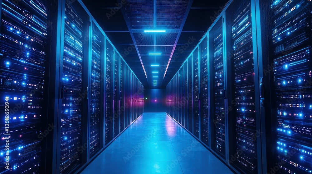 Illuminated server room corridor, data center, glowing racks, network infrastructure, technology Illuminated server room corridor, data center, glowing racks, network infrastructure, technology