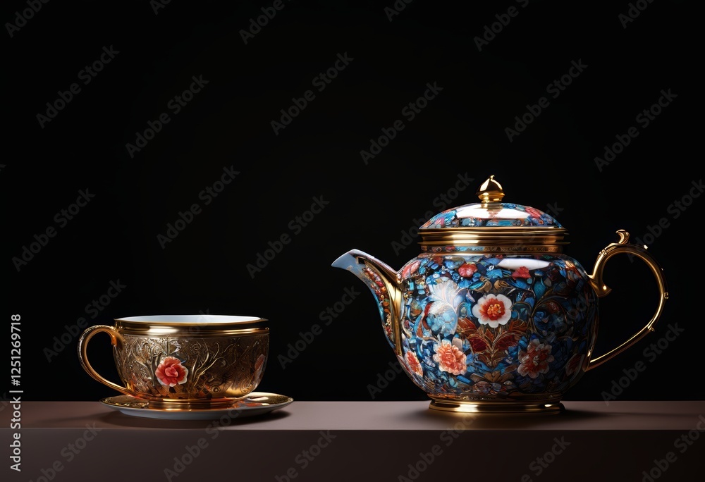 Close-up of teapots and containers on a table against a black background Close-up of teapots and containers on a table against a black background