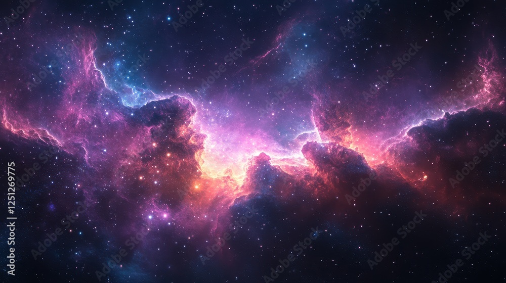 Naklejka premium Cosmic Nebula Glowing interstellar clouds, starscape background, space exploration, astronomy