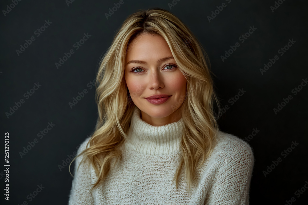 Portrait of a beautiful blonde woman in a white sweater, looking at the camera and smiling, isolated on a grey background Portrait of a beautiful blonde woman in a white sweater, looking at the camera and smiling, isolated on a grey background