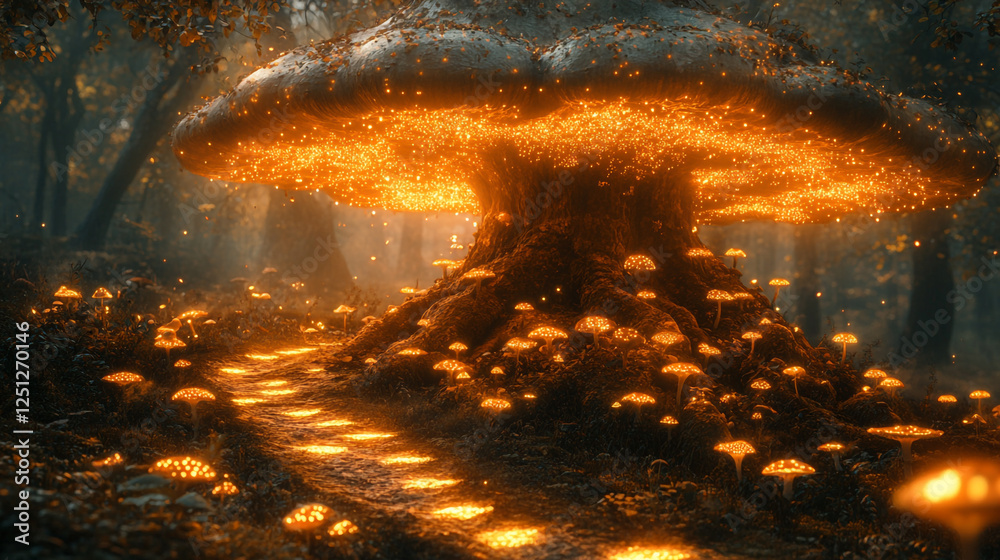 Enchanted forest pathway illuminated by glowing mushrooms at twilight Enchanted forest pathway illuminated by glowing mushrooms at twilight