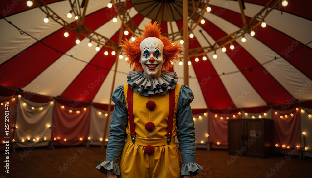 Obraz premium Sinister clown grinning under dim circus lights, fear and unease