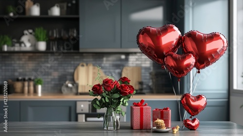 Valentine's Day background with red heart-shaped balloons, roses, and gift boxes on the table in a modern kitchen interior. Space for text, stock photo contest winner, high resolution, stock quality, 