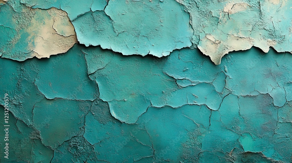 Obraz premium Closeup of geometrical teal and mint green painted urban wall with horizontal wrinkled glued poster template.