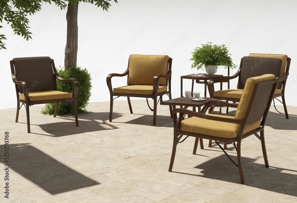 Tables chairs and recliners in the shade of trees Tables chairs and recliners in the shade of trees
