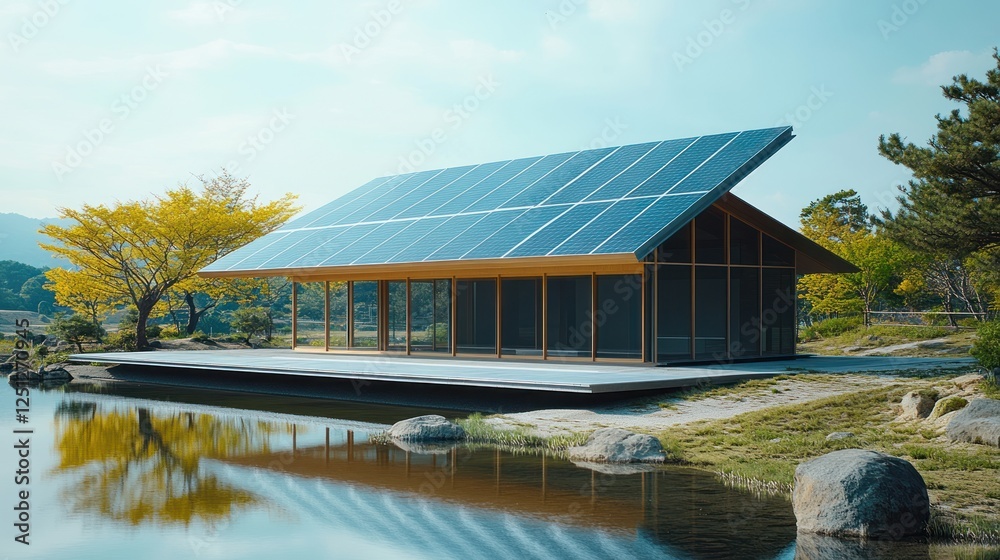 Obraz premium Solar-powered pavilion by serene lake, autumn foliage