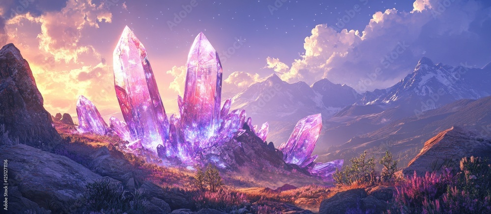 Fototapeta premium Glowing crystals sunset mountain fantasy game art