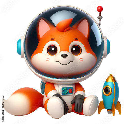 Cute and happy 3d fox astronaut isolated on white background