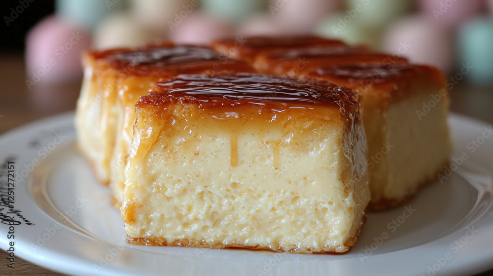 Creamy caramel flan squares on a plate, pastel background, food photography Creamy caramel flan squares on a plate, pastel background, food photography
