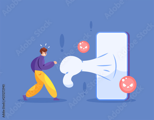 cyberbullying concept. getting negative comments, teasing, criticism. being disliked and belittled. illustration of a man getting thumbs down from smartphone. bully victim. flat style design. elements