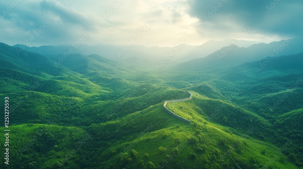 Fototapeta premium Aerial view Great Wall winding through green mountains, sunset