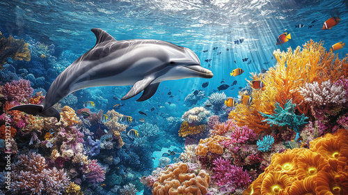 Dolphin swims over vibrant coral reef with colorful fish in sunlit ocean