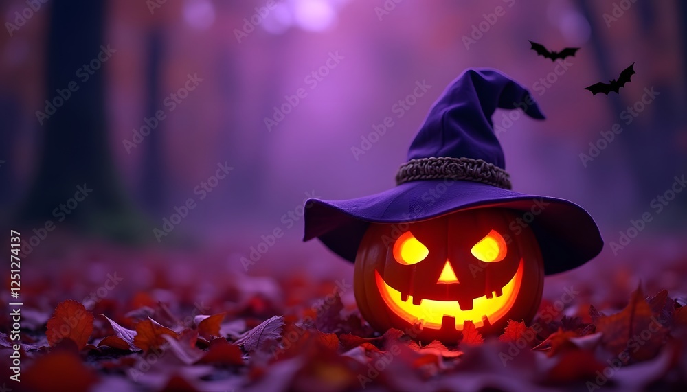 Naklejka premium Glowing Jack-O'-Lantern With Witch Hat in a Spooky Autumn Forest Setting