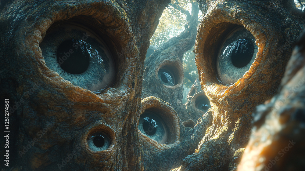 Unique forest environment with trees featuring large eyes and surreal atmosphere Unique forest environment with trees featuring large eyes and surreal atmosphere