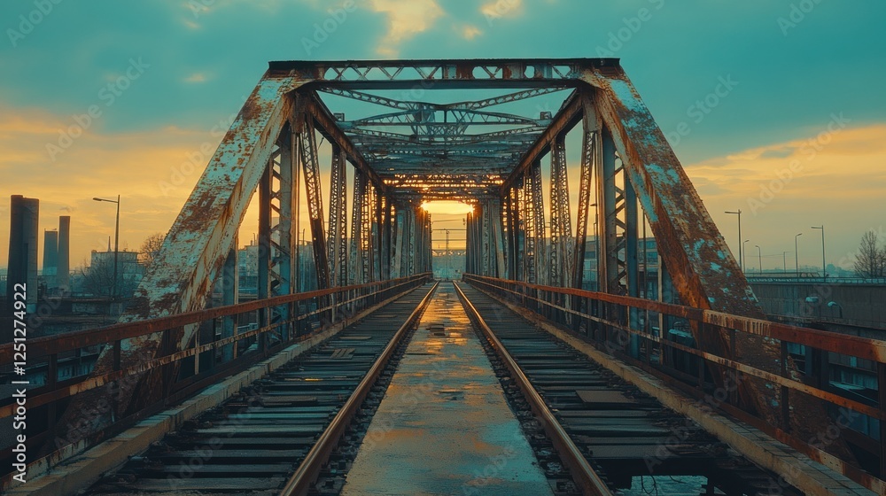 Rusty train bridge sunset urban landscape industrial design Rusty train bridge sunset urban landscape industrial design
