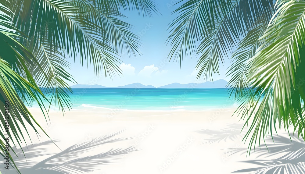 Tranquil Beach Scene Framed by Lush Palm Fronds Tranquil Beach Scene Framed by Lush Palm Fronds