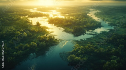 Aerial sunrise over river delta, lush green landscape, peaceful morning, nature documentary