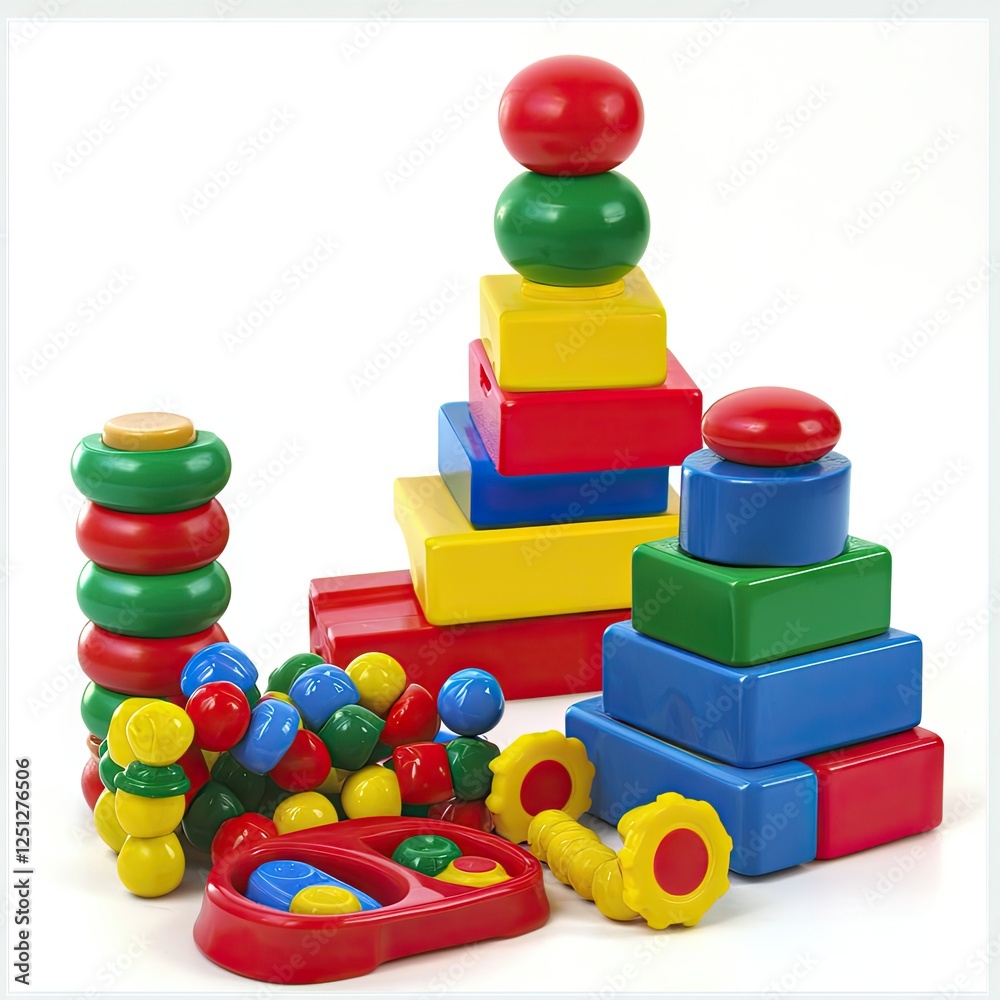 Colorful stacking toys on white background; educational play Colorful stacking toys on white background; educational play