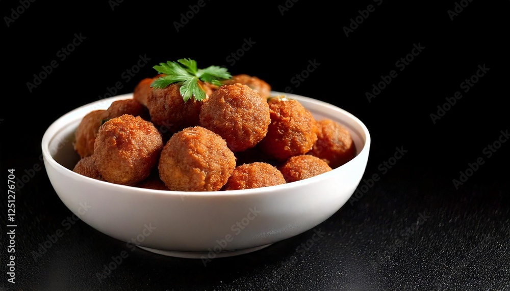Close up photo of meatballs in a white bowl on a plain black background Close up photo of meatballs in a white bowl on a plain black background