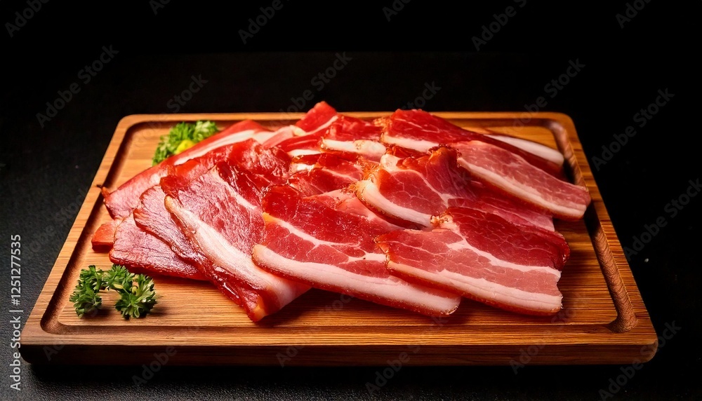 Close up photo of Canadian bacon on a wooden tray on a black plain color background