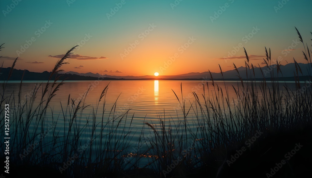 A breathtaking sunset over a calm lake, reflecting vibrant orange and blue hues, framed by silhouetted reeds. Perfect for nature lovers and serene landscapes. A breathtaking sunset over a calm lake, reflecting vibrant orange and blue hues, framed by silhouetted reeds. Perfect for nature lovers and serene landscapes.