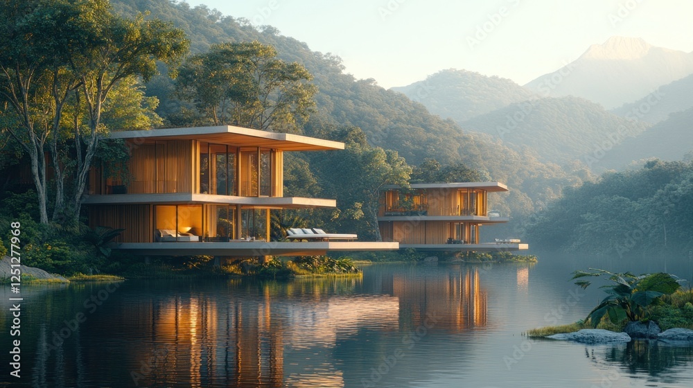 Fototapeta premium Mountain lakefront modern homes sunrise reflection