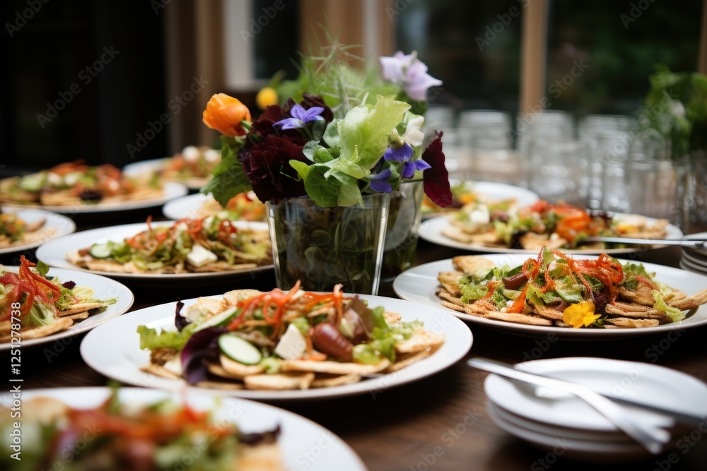 Exquisite Wedding Food Preparation with Colorful Salads and Elegant Table Setup for Celebratory Event Exquisite Wedding Food Preparation with Colorful Salads and Elegant Table Setup for Celebratory Event