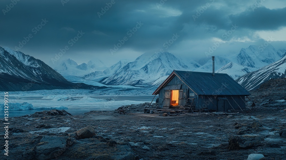 Fototapeta premium Illuminated Arctic cabin, glacier backdrop, night, winter, solitude