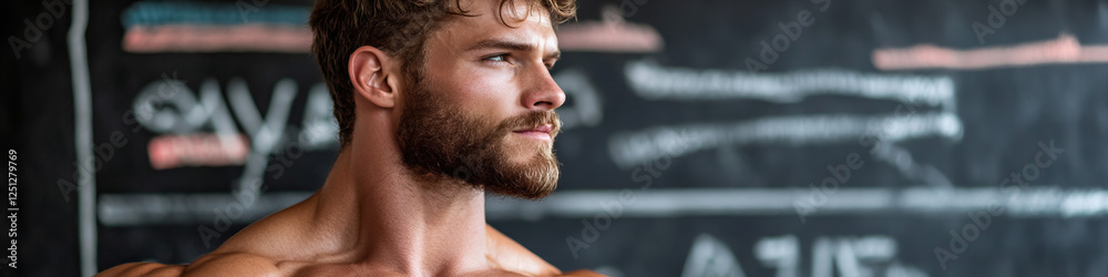 Obraz premium Profile of Muscular Man Against Chalkboard Background